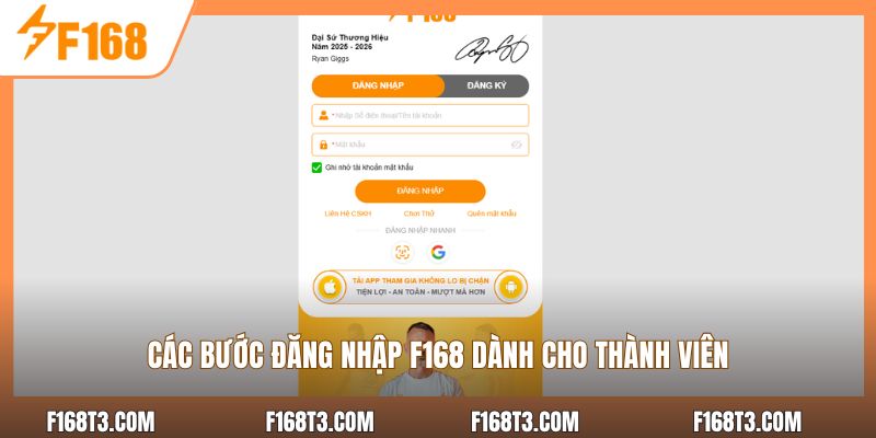 Các bước đăng nhập F168 dành cho thành viên